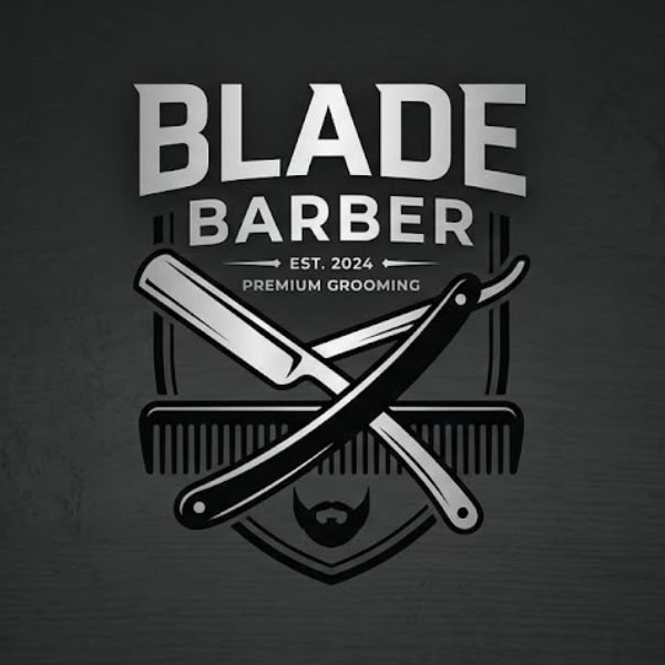 Blade Barber logo: a crossed straight razor and comb on a shield, with the words Est. 2024 and Premium Grooming.