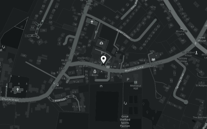 Street map of the centre of Great Shelford. A pin marks Blade Barber on the north side of Woollards Lane, near the Church Street end.